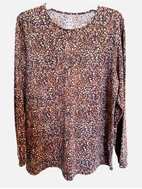 J Jill Pure Jill Medium Pima Cotton Printed Tunic Top Brown Navy Long Sleeve
